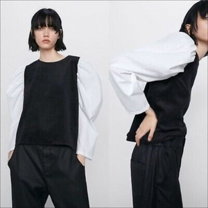 ZARA NWT Black Corduroy Top White Puff Sleeves Back Button Blouse Size S
